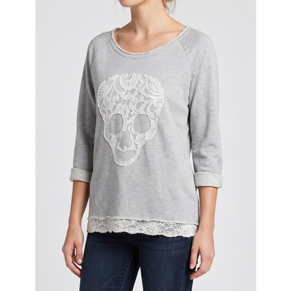 Chelsea & Violet Lace Skull Detail Top Sweatshirt Gray Small Cotton